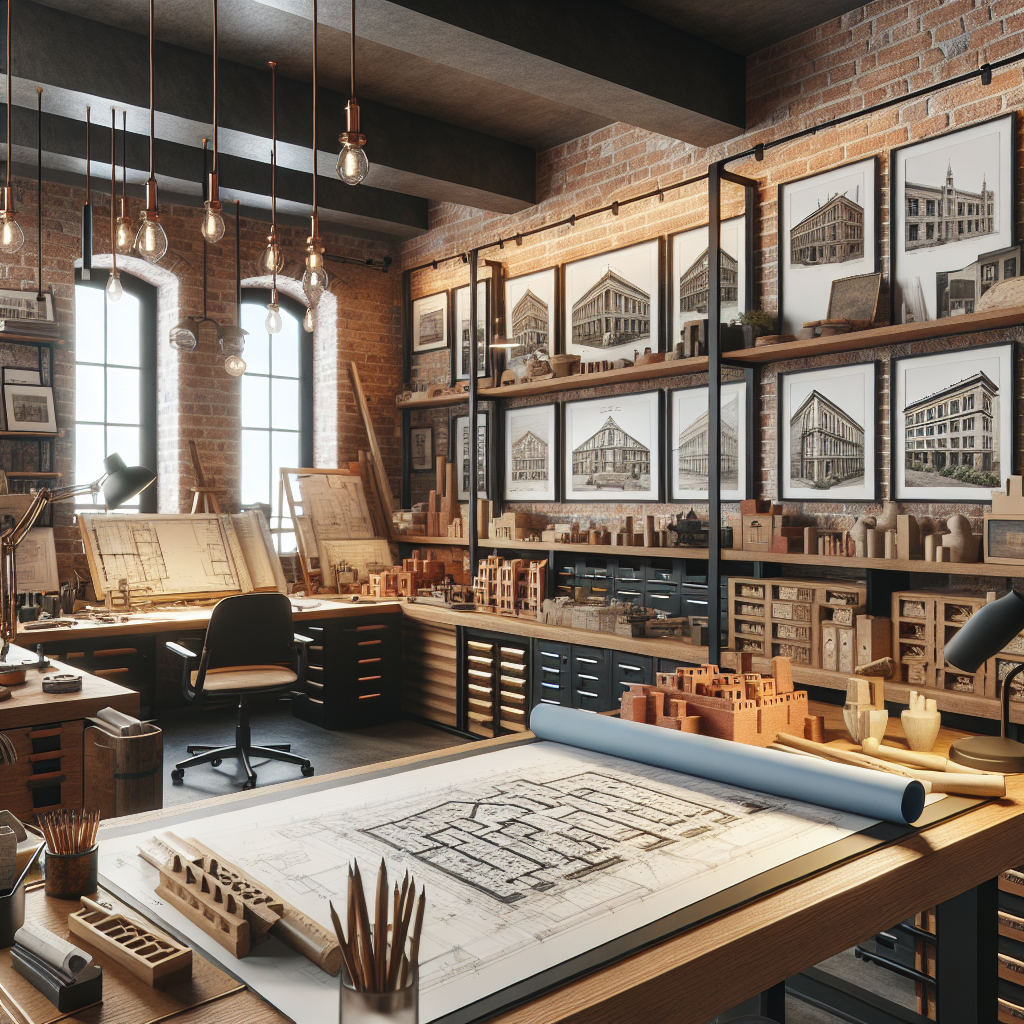 Masonry contractor office with blueprints and materials