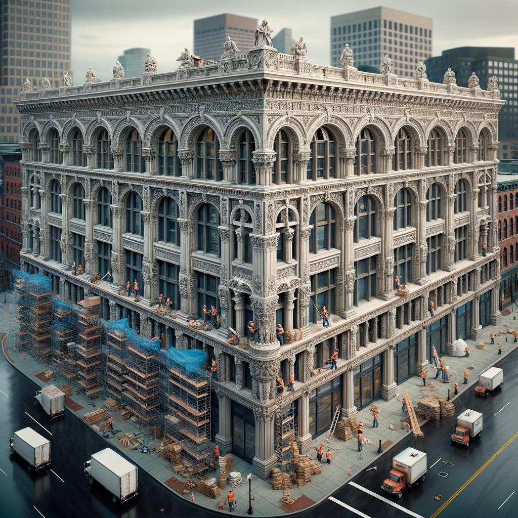 Professional brick restoration team working on a commercial building