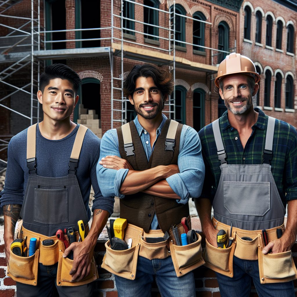 Group of professional masonry restoration specialists working on a brick building