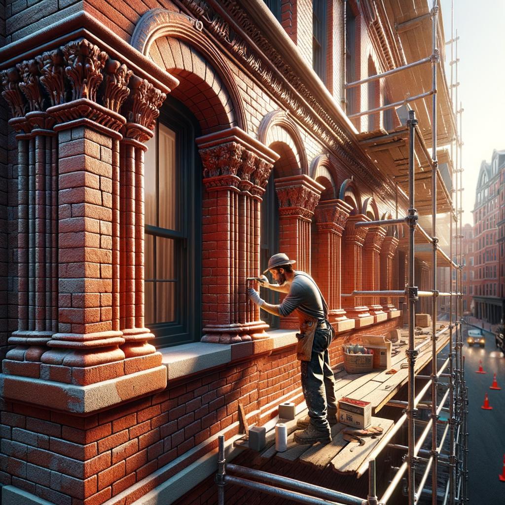Historic masonry repair work on a red brick building