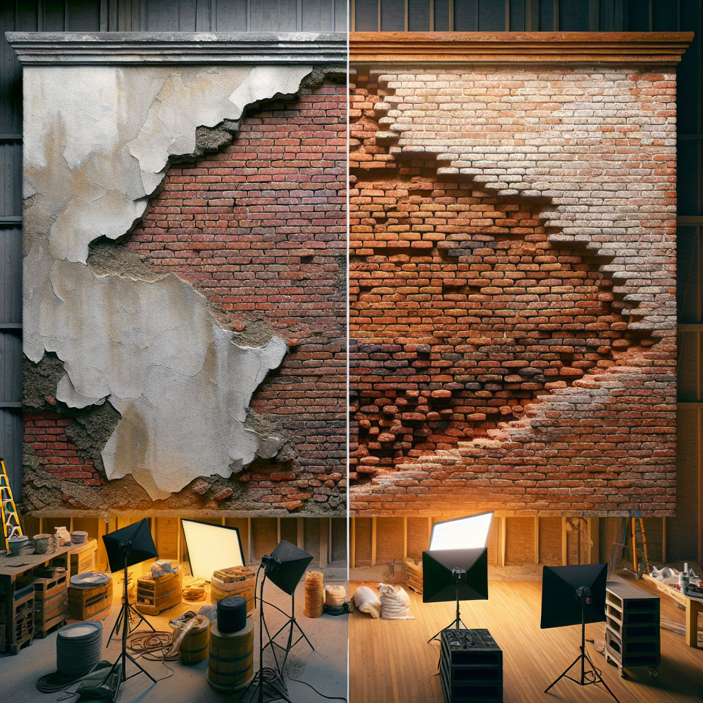 Building restoration before and after showing deteriorated and restored masonry on historic brick wall